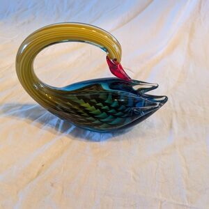 BIG Handblow Glass Swan Sculpture in Teal, Yellow & Red